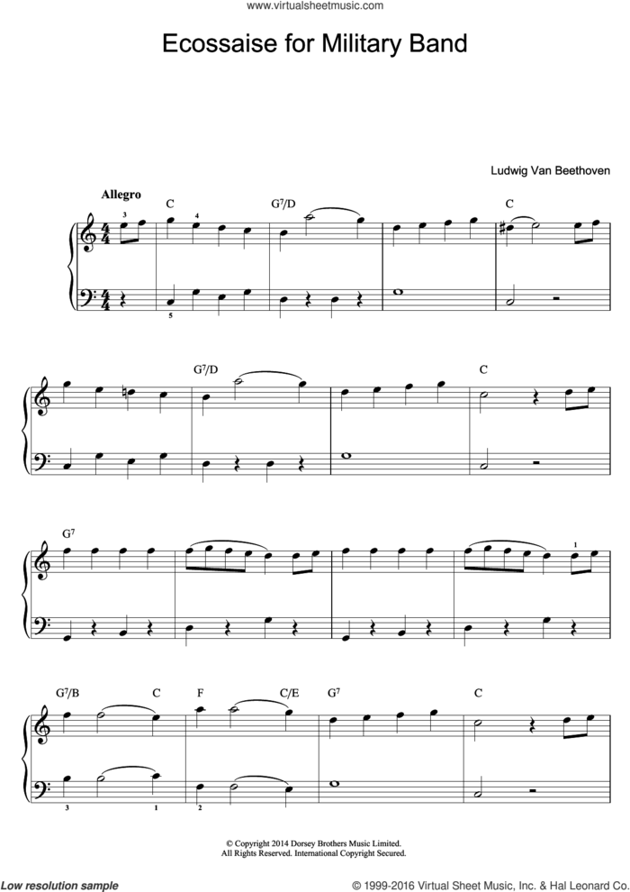 Ecossaise for Military Band, WoO 23 sheet music for piano solo (beginners) by Ludwig van Beethoven, classical score, beginner piano (beginners)
