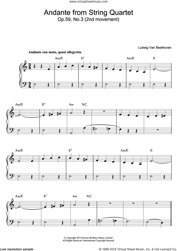Andante from String Quartet Op.59, No.3 sheet music for piano solo (beginners) by Ludwig van Beethoven, classical score, beginner piano (beginners)