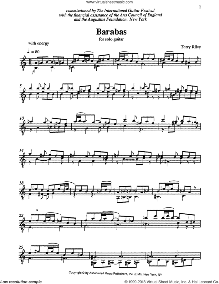 Barabas sheet music for guitar solo by Terry Riley, classical score, intermediate skill level