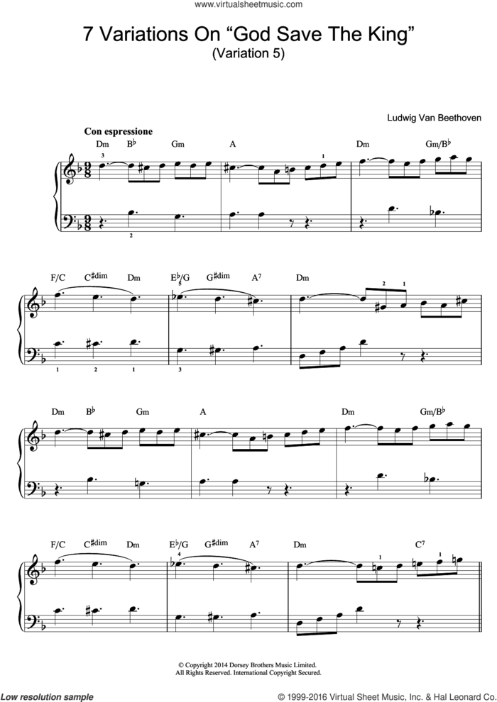 Variation No.5 (From '7 Variations On God Save The King' WoO 78) sheet music for piano solo (beginners) by Ludwig van Beethoven, classical score, beginner piano (beginners)