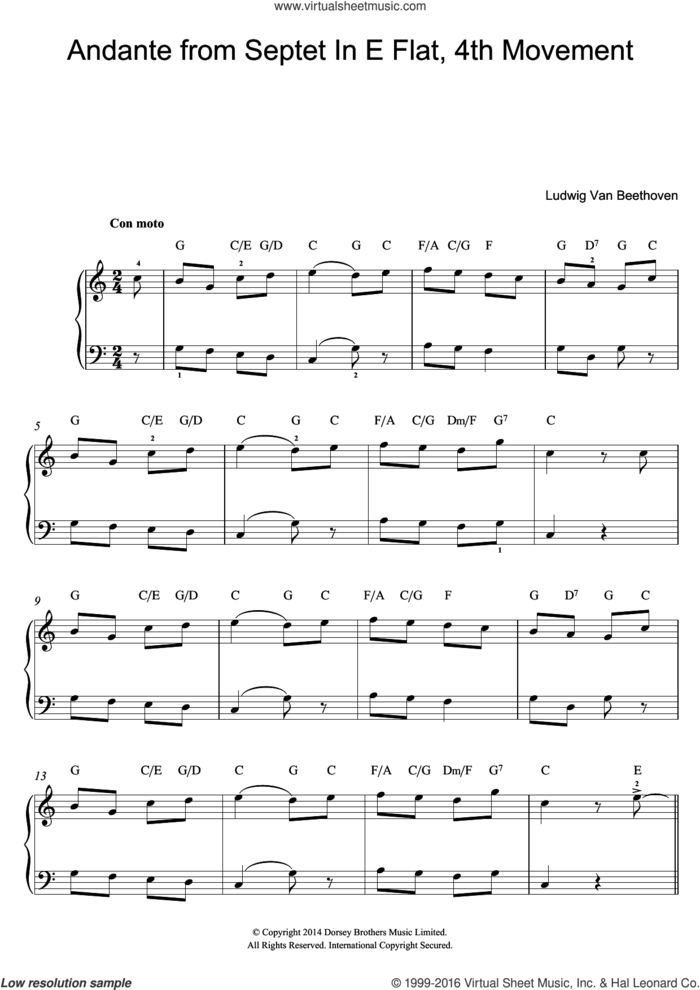 Andante from Septet In E Flat, 4th Movement sheet music for piano solo (beginners) by Ludwig van Beethoven, classical score, beginner piano (beginners)