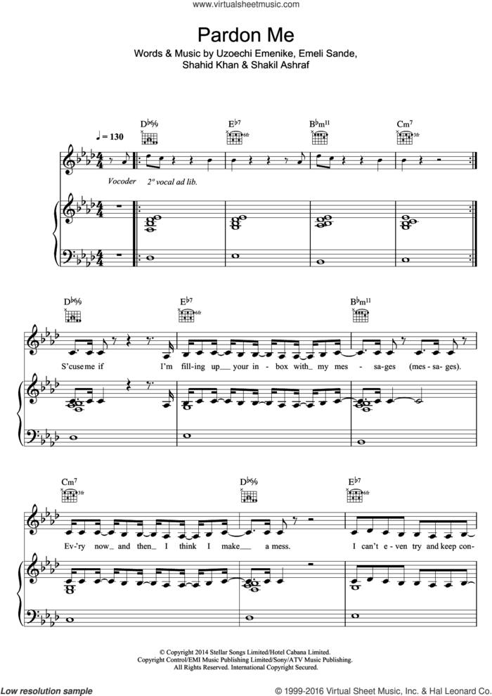 Pardon Me (featuring Professor Green, Laura Mvula, Wilkinson and Ava Lily) sheet music for voice, piano or guitar by Naughty Boy, Ava Lily, Laura Mvula, Professor Green, Wilkinson, Emeli Sande, Shahid Khan, Shakil Ashraf and Uzoechi Emenike, intermediate skill level