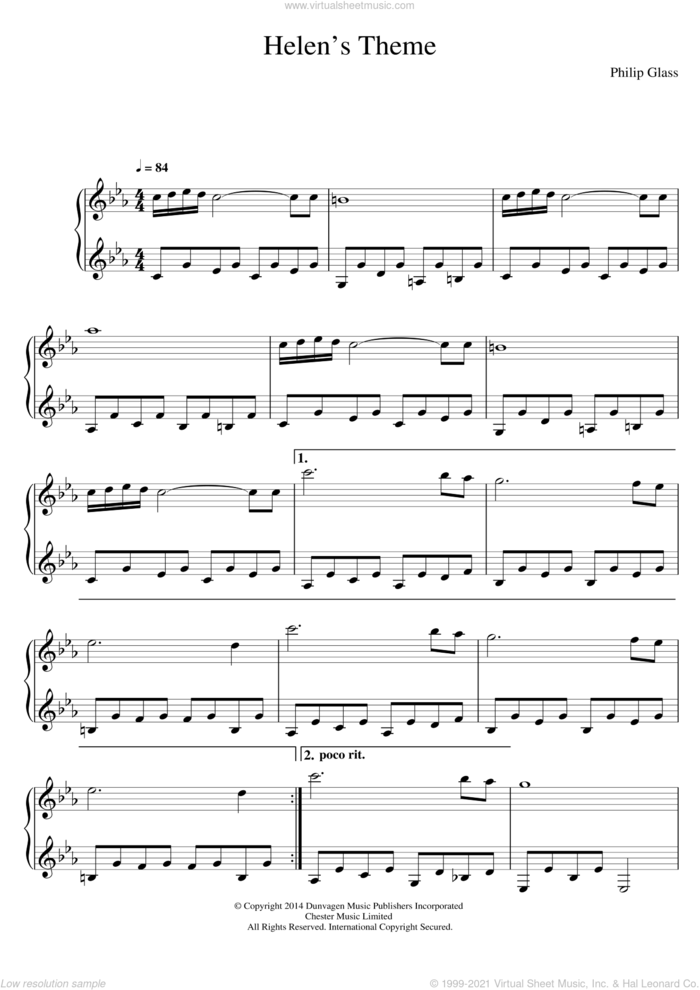 Helen's Theme (from Candyman Suite) sheet music for piano solo by Philip Glass, classical score, intermediate skill level