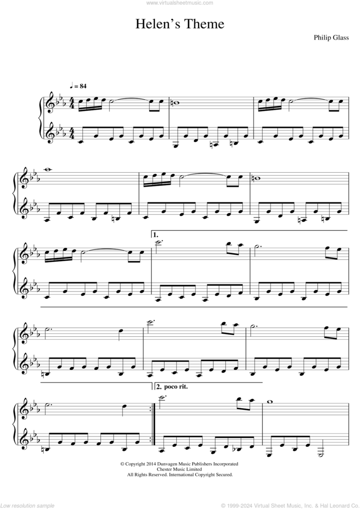 Helen's Theme (from Candyman Suite) sheet music for piano solo by Philip Glass, classical score, intermediate skill level