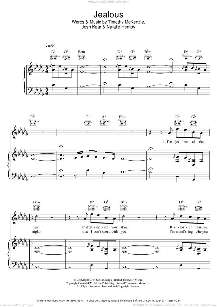 Jealous sheet music for voice, piano or guitar by Labrinth, Josh Kear, Natalie Hemby and Timothy McKenzie, intermediate skill level