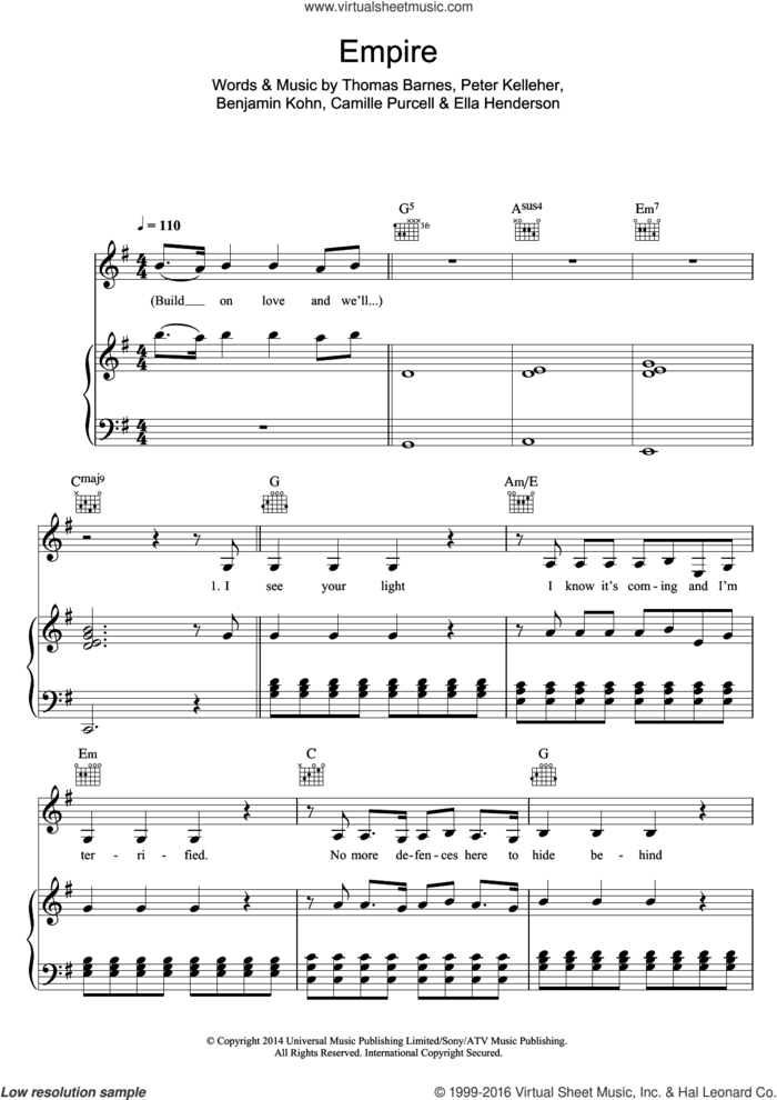 Empire sheet music for voice, piano or guitar by Ella Henderson, Benjamin Kohn, Camille Purcell, Peter Kelleher and Thomas Barnes, intermediate skill level