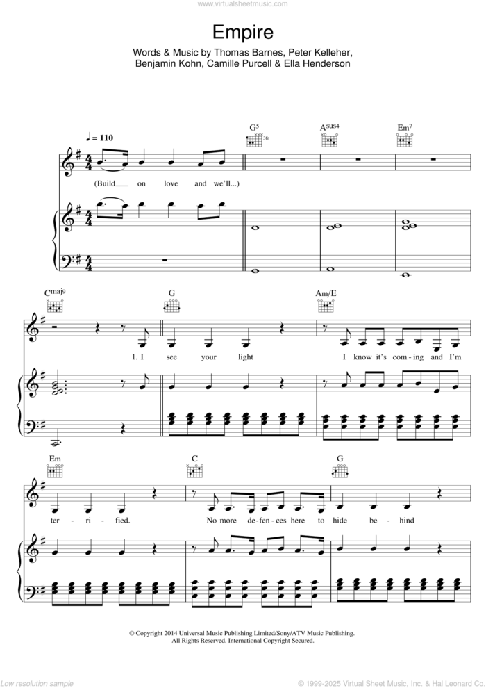 Empire sheet music for voice, piano or guitar by Ella Henderson, Benjamin Kohn, Camille Purcell, Peter Kelleher and Thomas Barnes, intermediate skill level