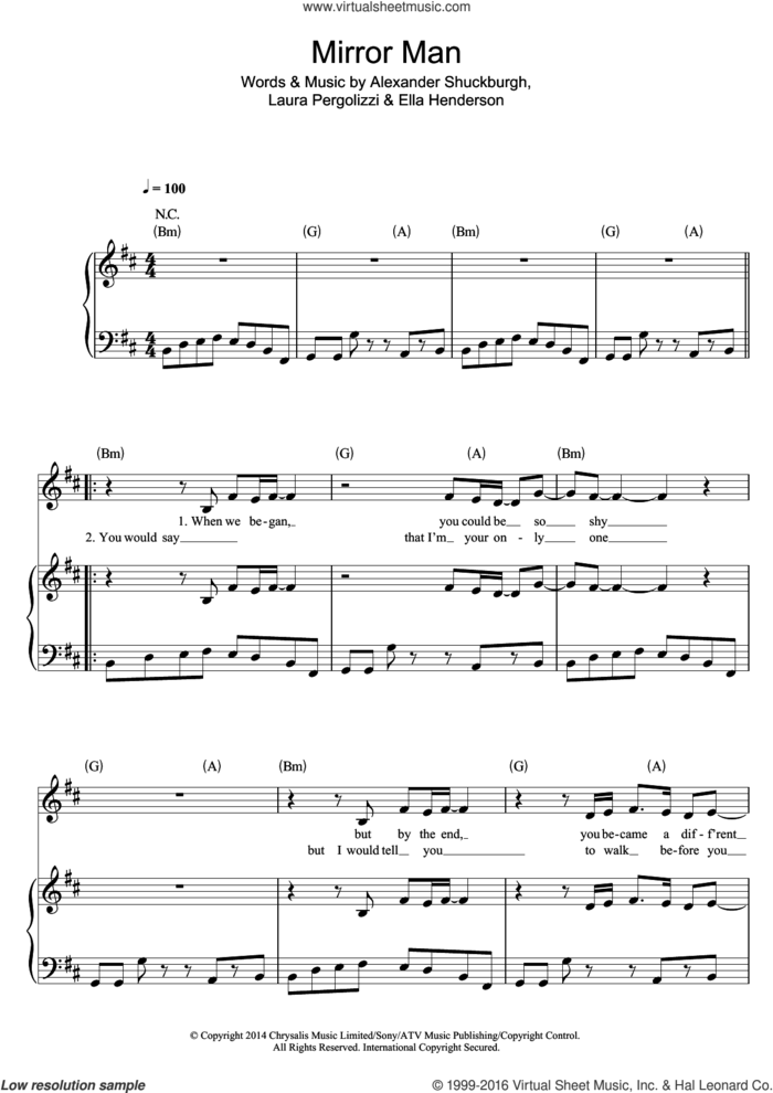 Mirror Man sheet music for voice, piano or guitar by Ella Henderson, Al Shuckburgh and Laura Pergolizzi, intermediate skill level