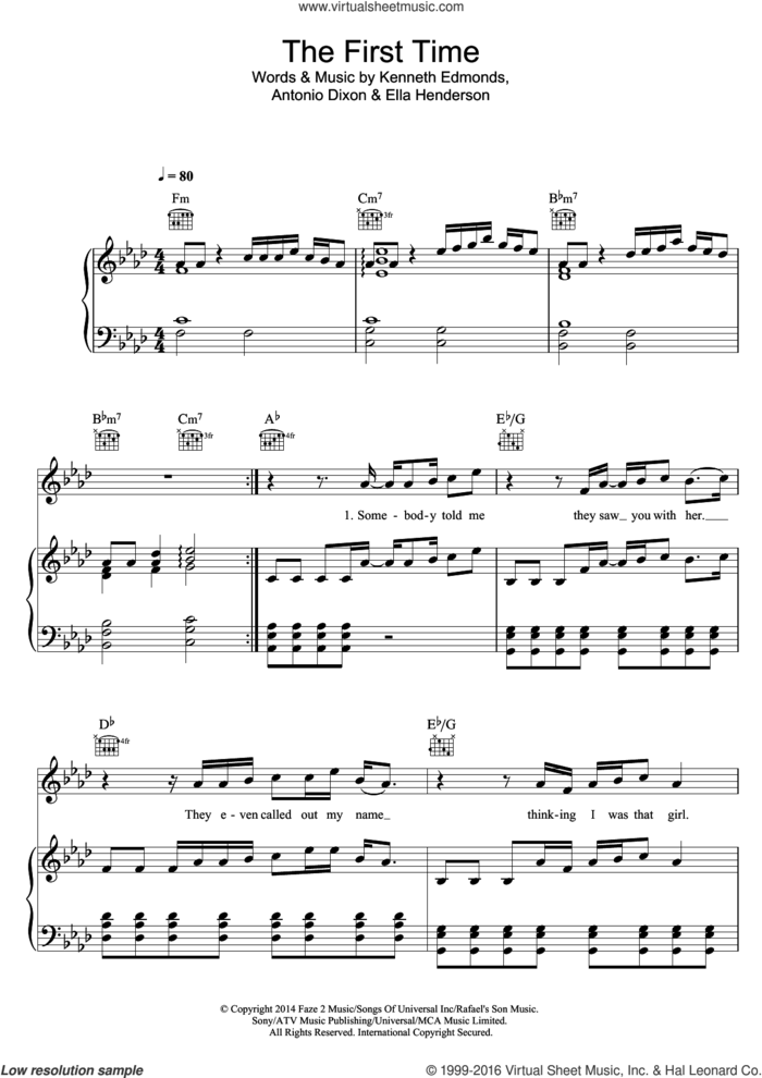 The First Time sheet music for voice, piano or guitar by Ella Henderson, Antonio Dixon and Kenneth Edmonds, intermediate skill level