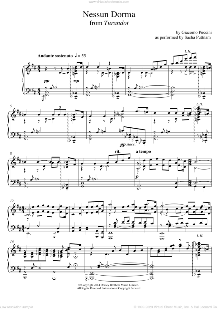 Nessun Dorma (from Turandot) (as performed by Sacha Puttnam) sheet music for piano solo by Giacomo Puccini and Sacha Puttnam, classical score, intermediate skill level