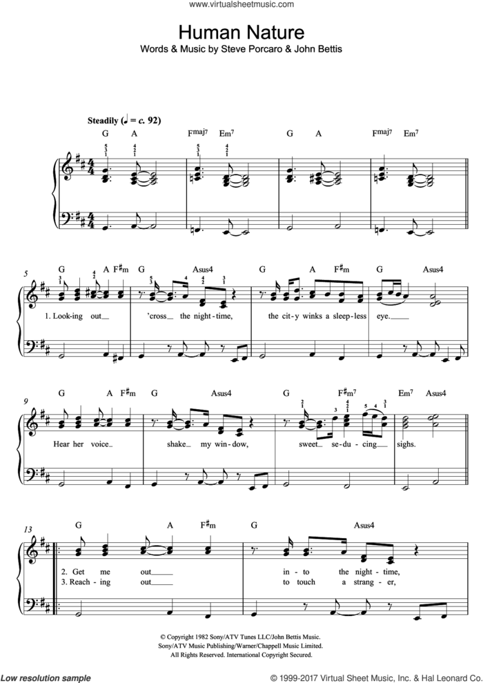 Human Nature sheet music for piano solo by Michael Jackson, John Bettis and Steve Porcaro, easy skill level