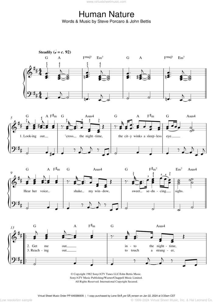 Human Nature, (easy) sheet music for piano solo by Michael Jackson, John Bettis and Steve Porcaro, easy skill level