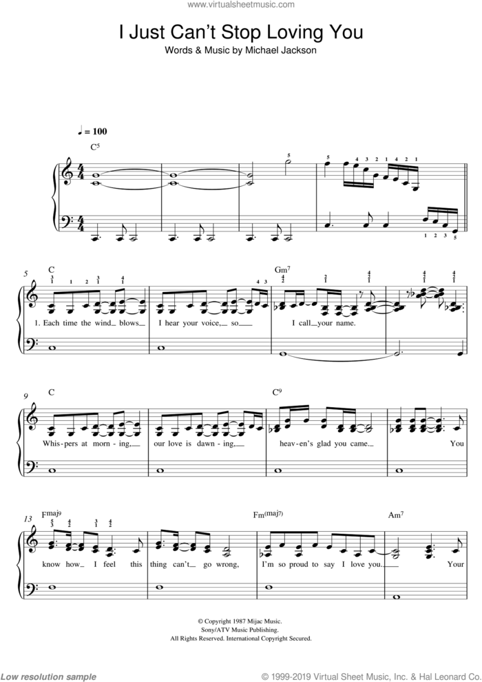 I Just Can't Stop Loving You sheet music for piano solo by Michael Jackson, easy skill level