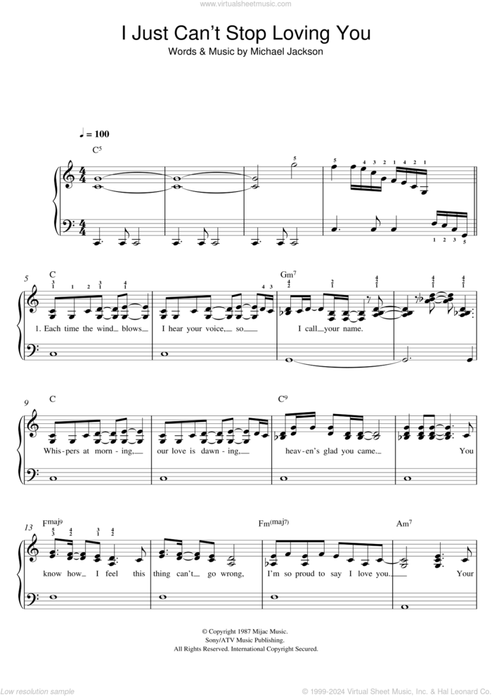 I Just Can't Stop Loving You sheet music for piano solo by Michael Jackson, easy skill level