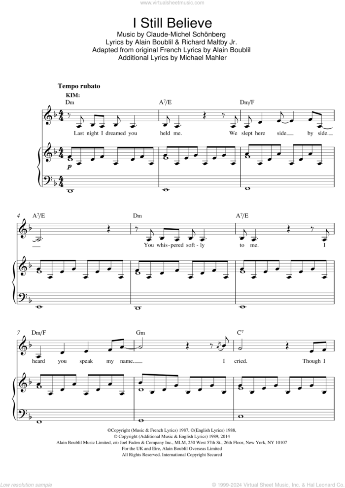 I Still Believe (from Miss Saigon) sheet music for voice and piano by Boublil and Schonberg, Alain Boublil, Claude-Michel Schonberg and Richard Maltby, Jr., intermediate skill level