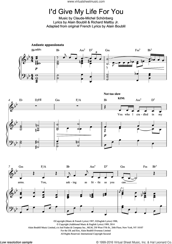 I'd Give My Life For You (from Miss Saigon) sheet music for voice and piano by Boublil and Schonberg, Alain Boublil, Claude-Michel Schonberg and Richard Maltby, Jr., intermediate skill level