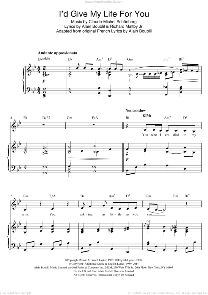 I'd Give My Life For You (from Miss Saigon) sheet music for voice and piano by Boublil and Schonberg, Alain Boublil, Claude-Michel Schonberg and Richard Maltby, Jr., intermediate skill level