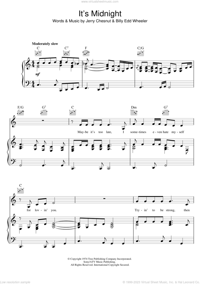 It's Midnight sheet music for voice, piano or guitar by Elvis Presley, Billy Edd Wheeler and Jerry Chesnut, intermediate skill level
