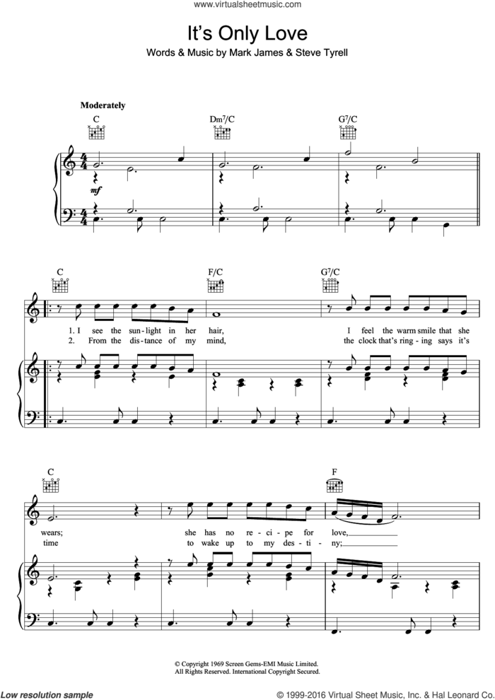 It's Only Love sheet music for voice, piano or guitar by Elvis Presley, Mark James and Steve Tyrell, intermediate skill level