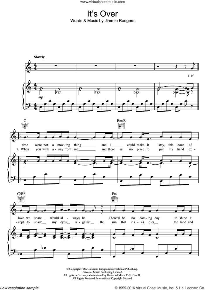It's Over sheet music for voice, piano or guitar by Elvis Presley and Jimmie Rodgers, intermediate skill level