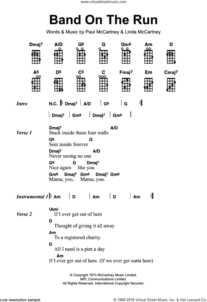 Band On The Run sheet music for ukulele by Linda McCartney, Paul McCartney and Paul McCartney and Wings, intermediate skill level