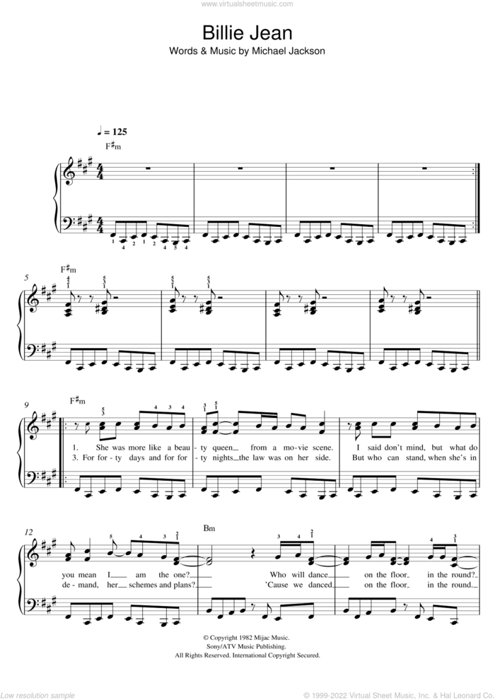 Billie Jean, (easy) sheet music for piano solo by Michael Jackson, easy skill level