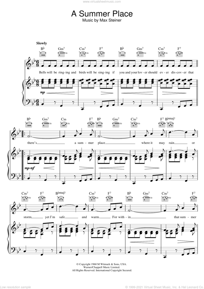(Theme From) A Summer Place sheet music for voice, piano or guitar by Max Steiner, intermediate skill level