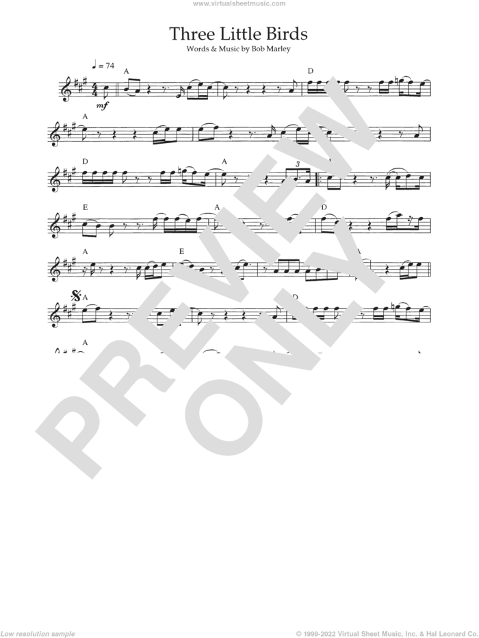 Three Little Birds sheet music for flute solo by Bob Marley, intermediate skill level