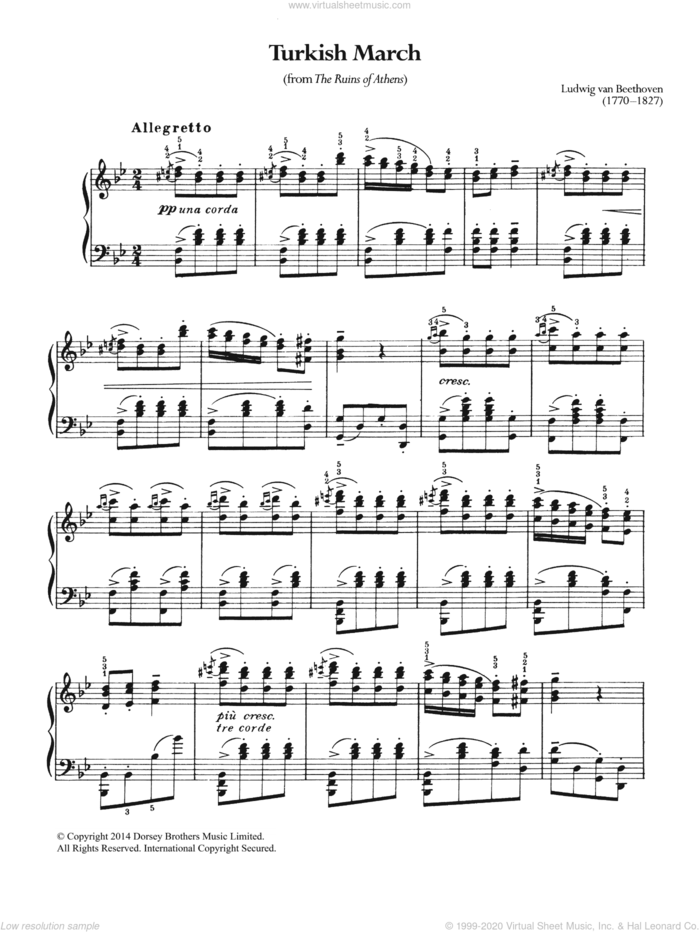 Turkish March sheet music for piano solo by Ludwig van Beethoven, classical score, intermediate skill level