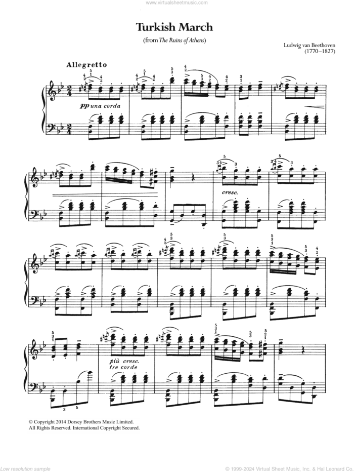 Turkish March sheet music for piano solo by Ludwig van Beethoven, classical score, intermediate skill level