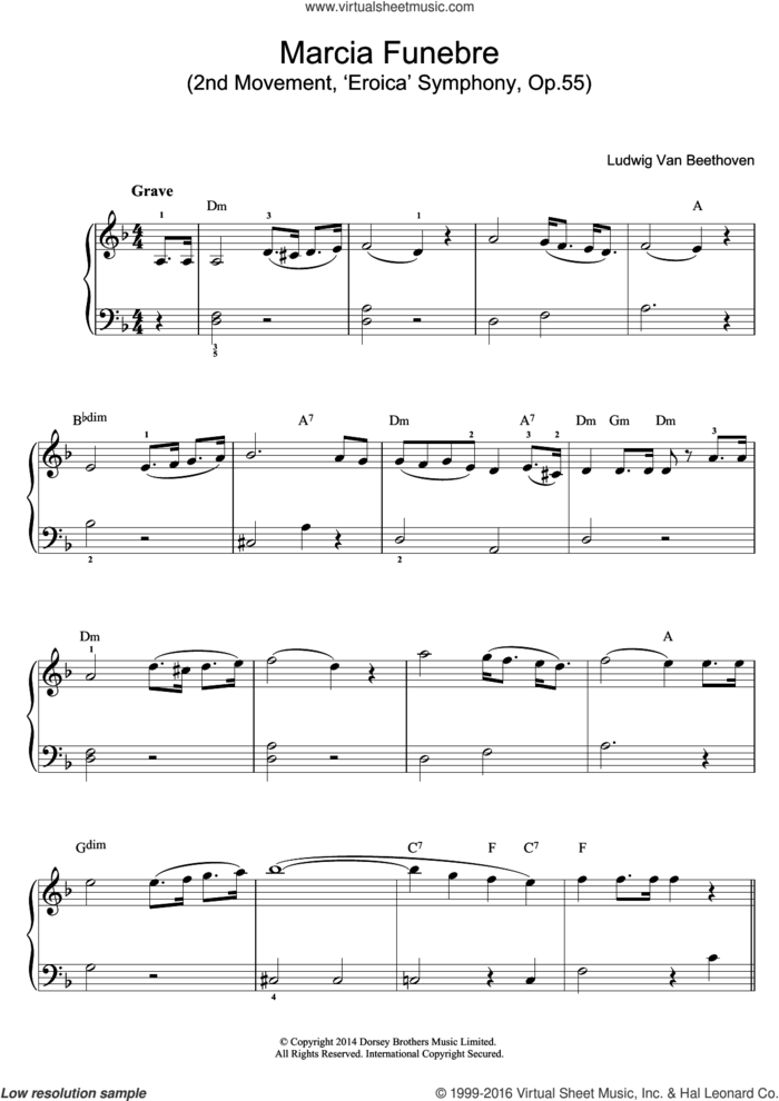 Symphony No.3 (Eroica), Theme from 2nd Movement: Marcia Funebre sheet music for piano solo (beginners) by Ludwig van Beethoven, classical score, beginner piano (beginners)