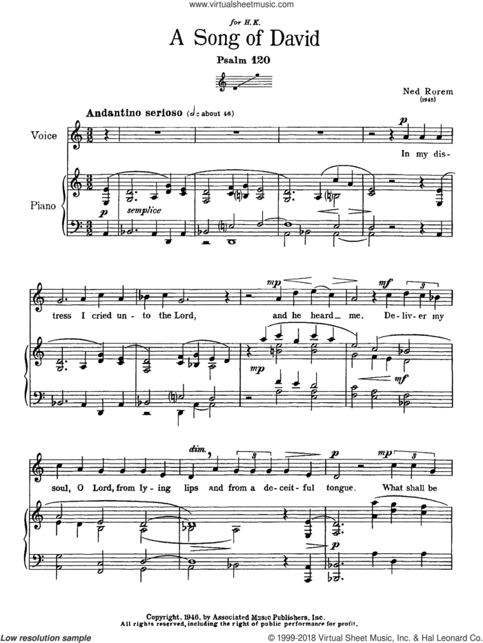 Song Of David (Psalm 120) sheet music for voice solo by Ned Rorem and Miscellaneous, classical score, intermediate skill level