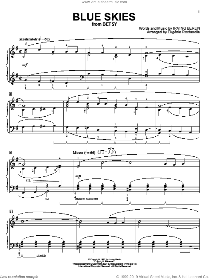 Blue Skies, (intermediate) sheet music for piano solo by Irving Berlin and Eugenie Rocherolle, intermediate skill level