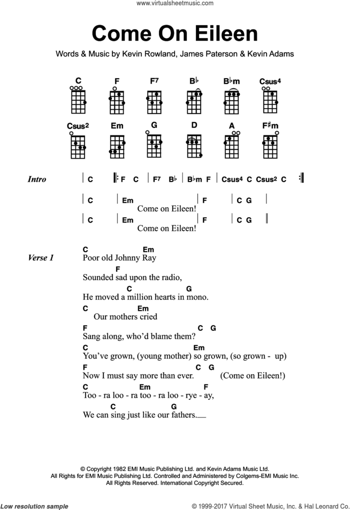 Come On Eileen sheet music for ukulele by Dexy's Midnight Runners, James Paterson, Kevin Adams and Kevin Rowland, intermediate skill level