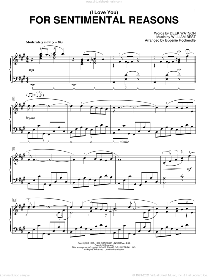 (I Love You) For Sentimental Reasons sheet music for piano solo by Eugenie Rocherolle, Deek Watson and William Best, intermediate skill level