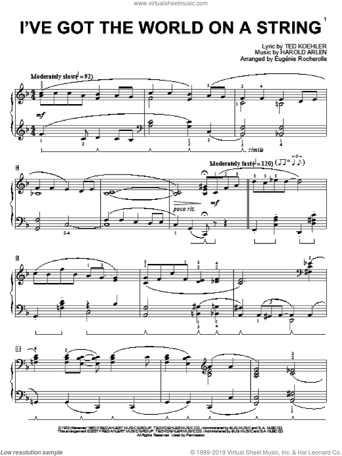 I've Got The World On A String sheet music for piano solo by Harold Arlen, Eugenie Rocherolle and Ted Koehler, intermediate skill level