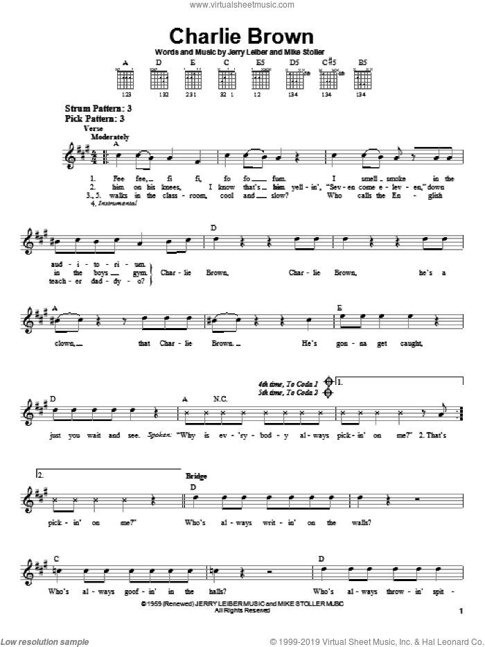 Charlie Brown sheet music for guitar solo (chords) by The Coasters, Leiber & Stoller, Jerry Leiber and Mike Stoller, easy guitar (chords)
