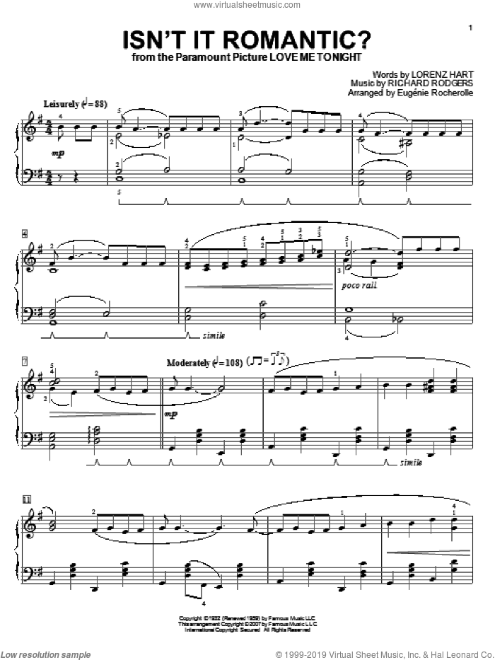 Isn't It Romantic? sheet music for piano solo by Rodgers & Hart, Eugenie Rocherolle, Lorenz Hart and Richard Rodgers, intermediate skill level
