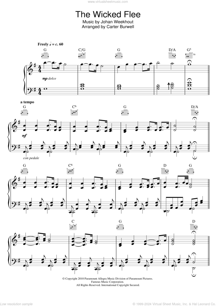 The Wicked Flee sheet music for piano solo by Carter Burwell and Johan Weekhout, intermediate skill level