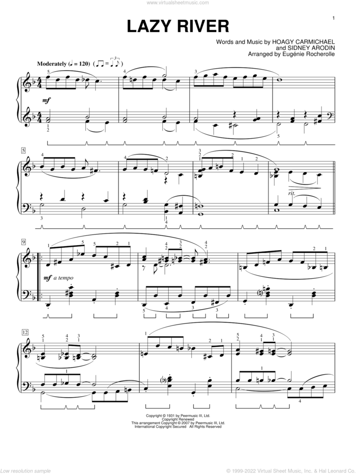 Lazy River sheet music for piano solo by Eugenie Rocherolle, Hoagy Carmichael and Sidney Arodin, intermediate skill level