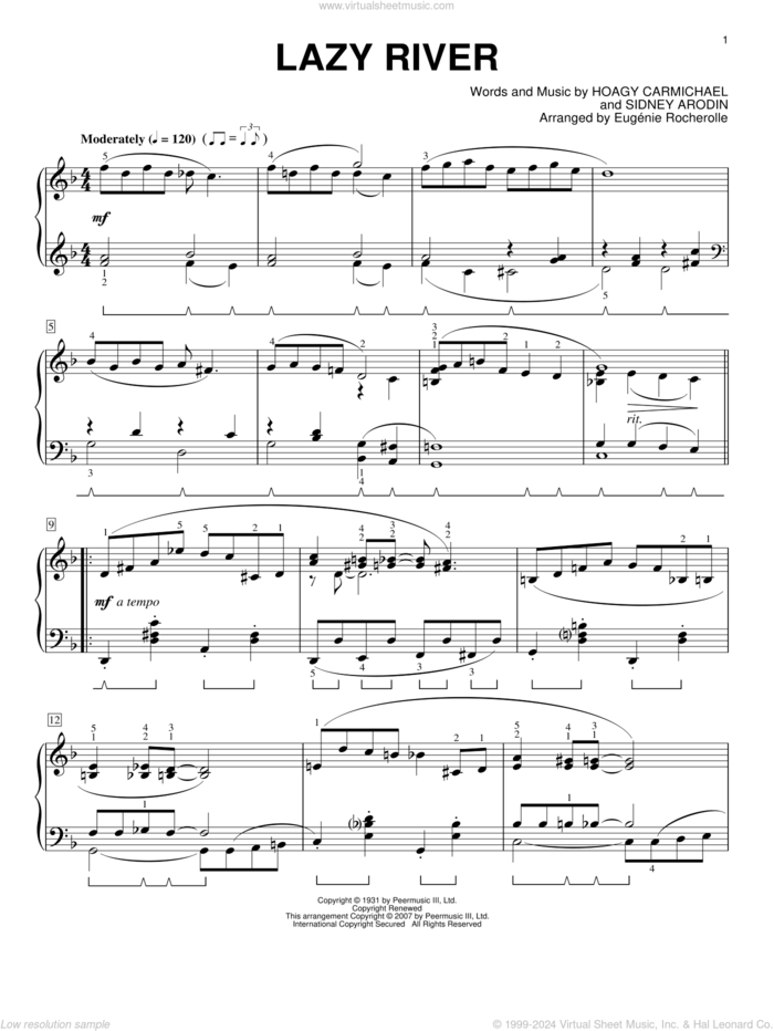 Lazy River sheet music for piano solo by Eugenie Rocherolle, Hoagy Carmichael and Sidney Arodin, intermediate skill level