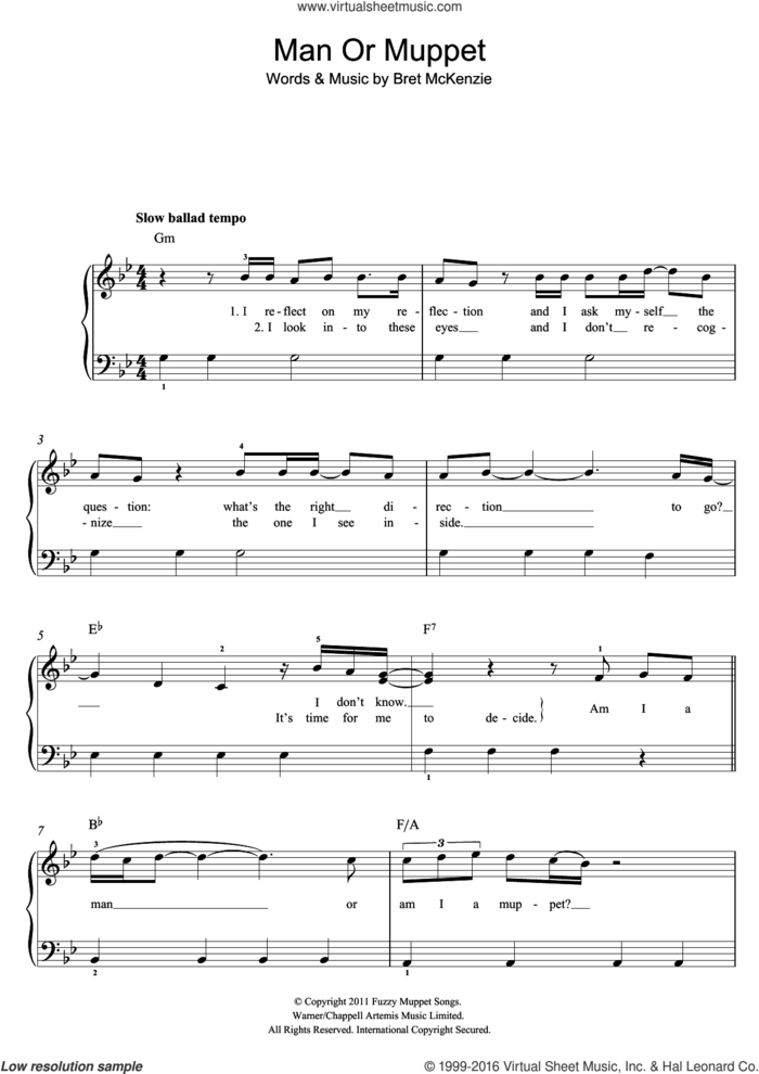 Man Or Muppet sheet music for piano solo by Jason Segel and Bret McKenzie, easy skill level