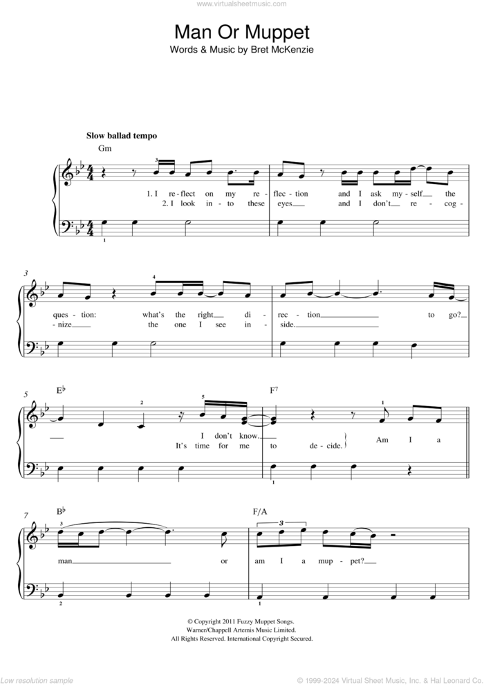 Man Or Muppet sheet music for piano solo by Jason Segel and Bret McKenzie, easy skill level