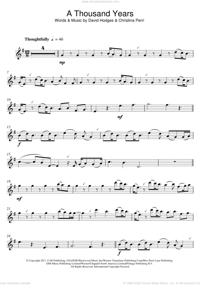 A Thousand Years sheet music for alto saxophone solo by Christina Perri and David Hodges, wedding score, intermediate skill level