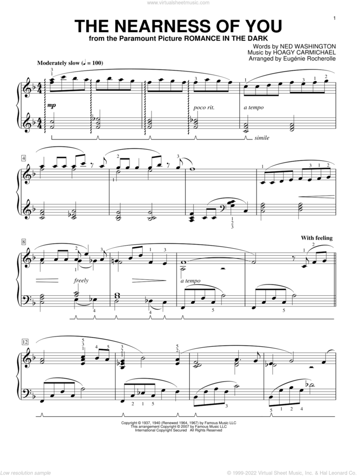 The Nearness Of You (from Romance In The Dark) sheet music for piano solo by Hoagy Carmichael, Eugenie Rocherolle and Ned Washington, intermediate skill level