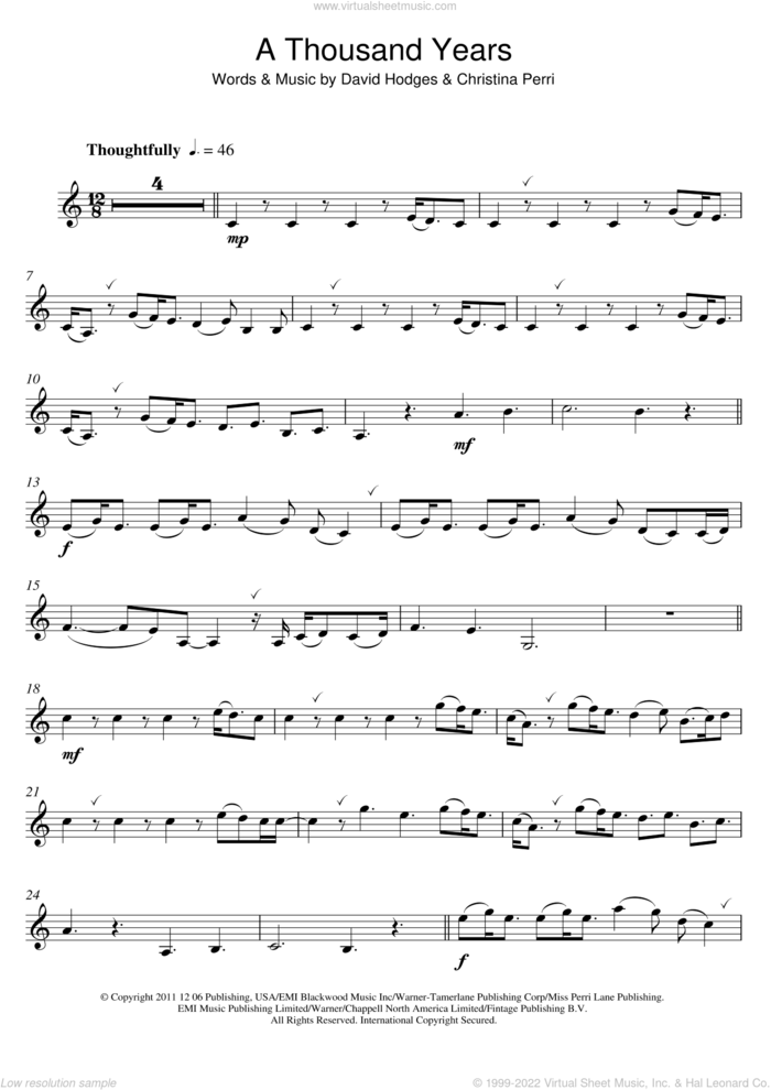 A Thousand Years sheet music for clarinet solo by Christina Perri and David Hodges, wedding score, intermediate skill level