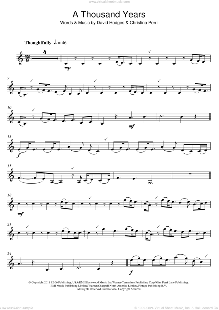 A Thousand Years sheet music for clarinet solo by Christina Perri and David Hodges, wedding score, intermediate skill level