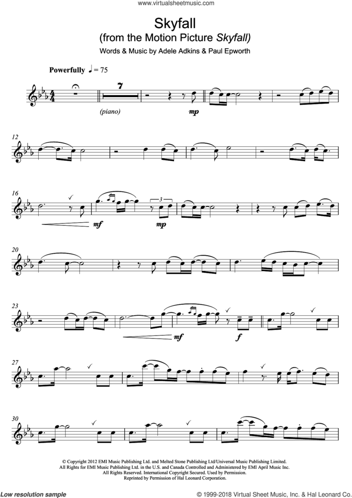 Skyfall (from the Motion Picture Skyfall) sheet music for flute solo by Adele, Adele Adkins and Paul Epworth, intermediate skill level