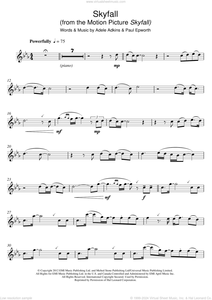 Skyfall (from the Motion Picture Skyfall) sheet music for flute solo by Adele, Adele Adkins and Paul Epworth, intermediate skill level