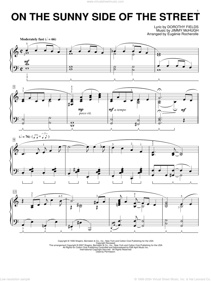 On The Sunny Side Of The Street, (intermediate) sheet music for piano solo by Dorothy Fields, Eugenie Rocherolle and Jimmy McHugh, intermediate skill level